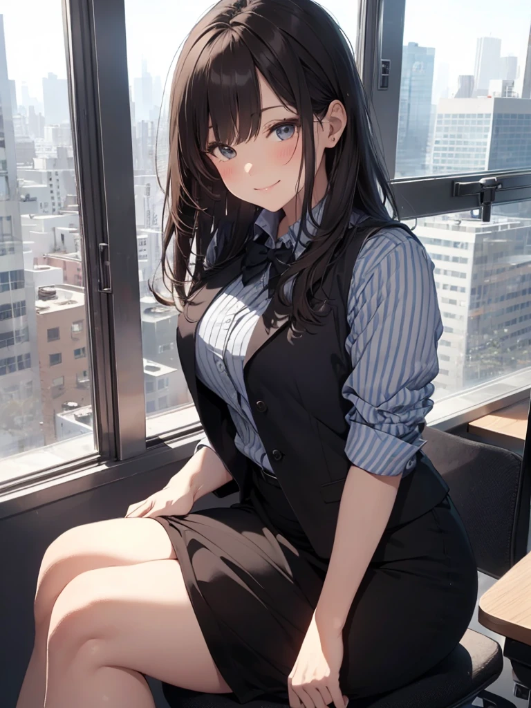 juri han,evil smile, work of art, tight white secretary shirt with black tie, black high waist skirt, short skirt, black hair, black tights, evil smile, office, bangs in the eyes, lighting, hair horn, vision of up, looking up, evil smile, sitting on an office chair, legs crossed