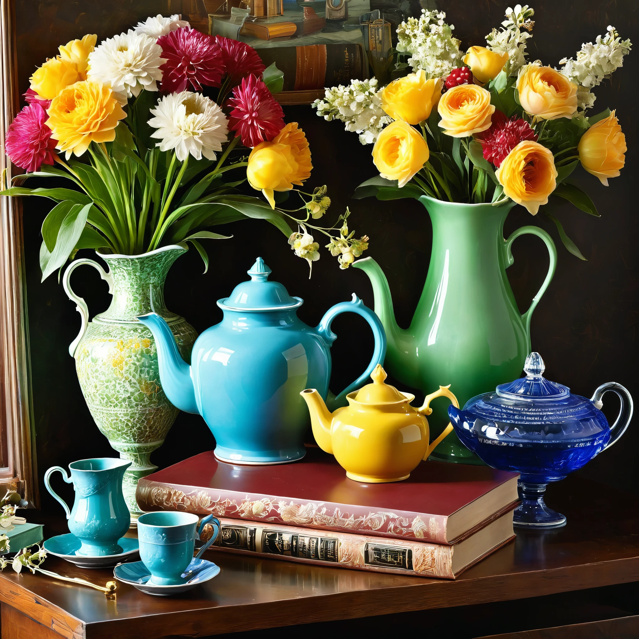 Craft a detailed still life composition featuring vintage objects. Arrange antique teapots, delicate glasses, well-worn books, and a variety of colorful vases filled with an assortment of fresh flowers. Pay attention to the interplay of light and shadow on these objects, highlighting their textures and intricate details. Create an atmosphere of nostalgia and elegance that evokes the charm of a bygone era.