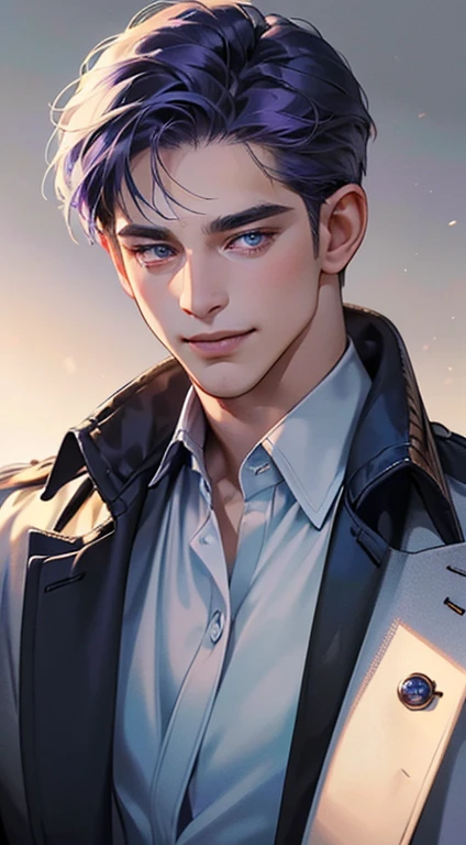 (best quality, masterpiece, 8K, photorealistic, cinematic lighting, 1:4 hdr image, ultra detailed, beautiful image), a mature man, 35 years very handsome, ((cold expression smile in love)), short purple hair, blue eyes, face perfect without mistakes, ((buttoning his jacket, CEO)), smile.