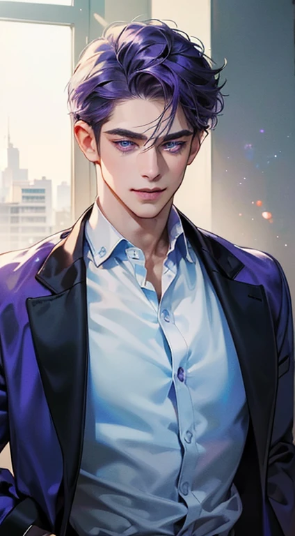 (best quality, masterpiece, 8K, photorealistic, cinematic lighting, 1:4 hdr image, ultra detailed, beautiful image), a mature man, 35 years very handsome, ((cold expression smile in love)), short purple hair, blue eyes, face perfect without mistakes, ((buttoning his jacket, CEO)), smile.