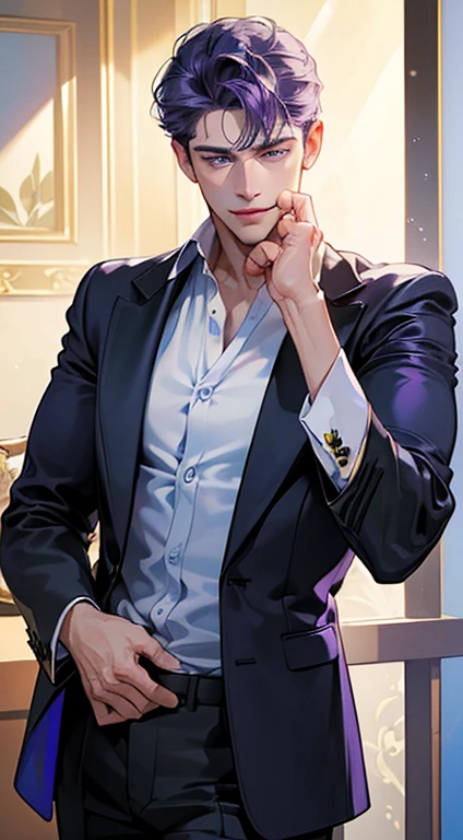 (best quality, masterpiece, 8K, photorealistic, cinematic lighting, 1:4 hdr image, ultra detailed, beautiful image), a mature man, 35 years very handsome, ((cold expression smile in love)), short  purple hair, blue eyes, face perfect without mistakes, ((buttoning his jacket, CEO)), smile.