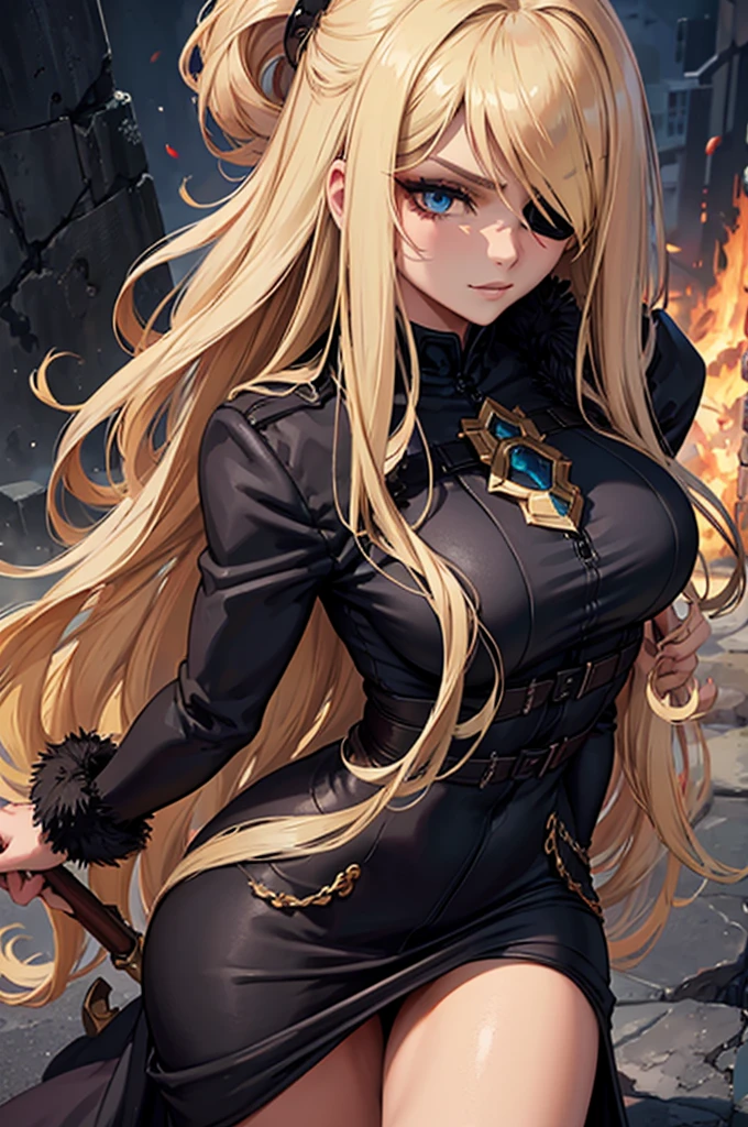 ((masterpiece)), ((best quality)), 1girl, adult, long hair, ((blonde hair)), very long blonde hair, ((intimidant look)), ((close-up)), profile image, green eyes, black and red clothes, sexy, dark colors, brillant eyes, ((coat with fur)), ((wavy hair)), exposed skin, ((sexy pose)), ((intimidant look)), good anatomy, ((dark sage clothes)), ((straight cut bangs)), emotionless, intimidant, ((beautiful eyes)), dark background, close up, ((detailed eyes)), beautiful eyes, ((detailed face)), hair bang, frontal look, evil, relaxed, smile, magical goddess othinus, detailed face, eyepatch, full body, ((detailed))
