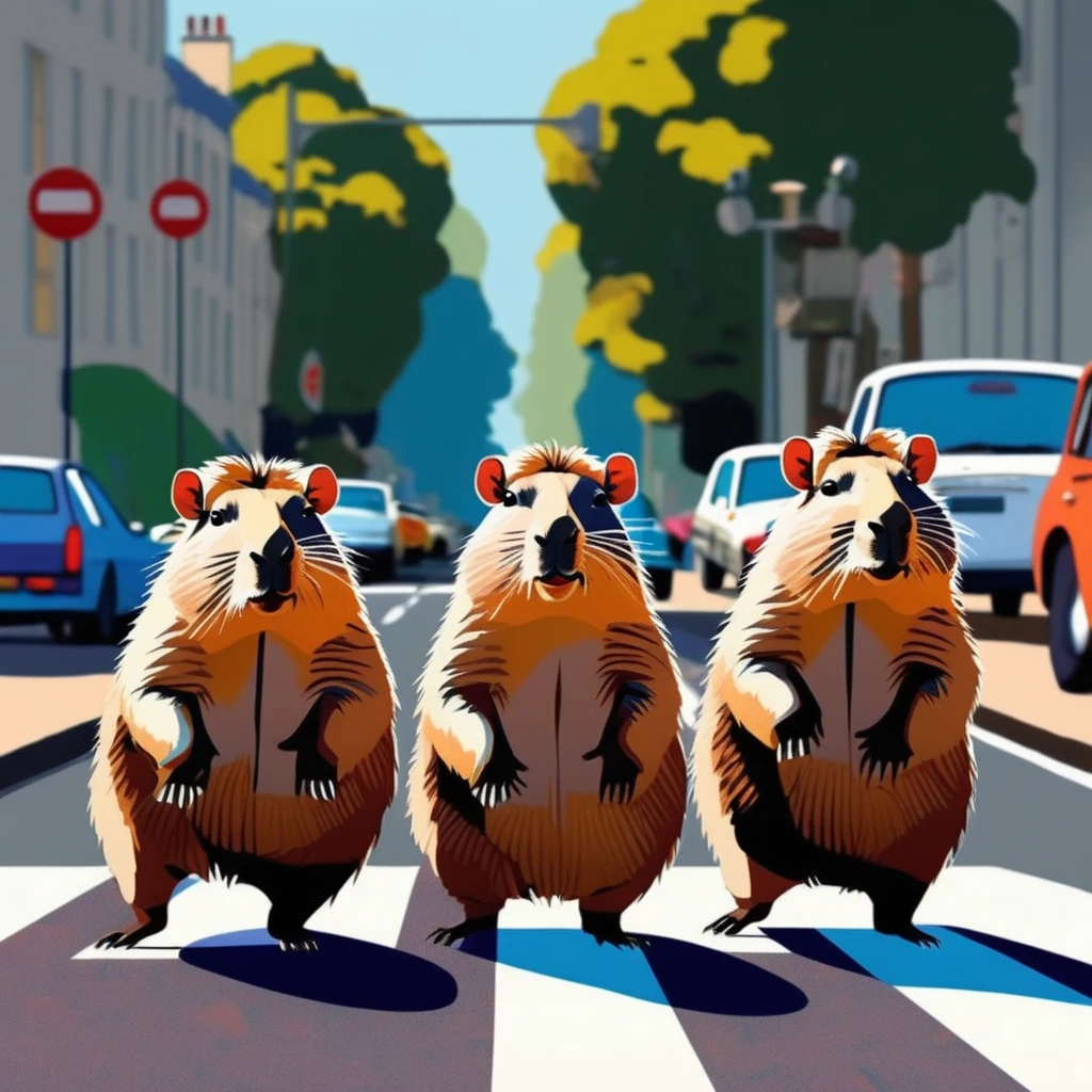 Four cute capybara, Beatles impersonation, same hairstyles and outfits, walking right on Abbey Road zebra crossing, Abbey Road is the 11th album of the British rock band The Beatles. 