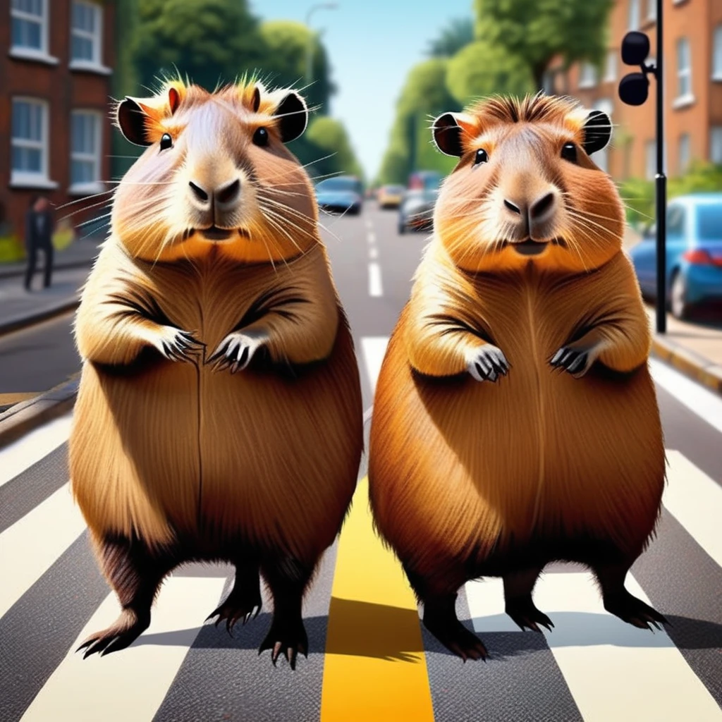 Four cute capybara, Beatles impersonation, same hairstyles and outfits, walking right on Abbey Road zebra crossing, Abbey Road is the 11th album of the British rock band The Beatles.