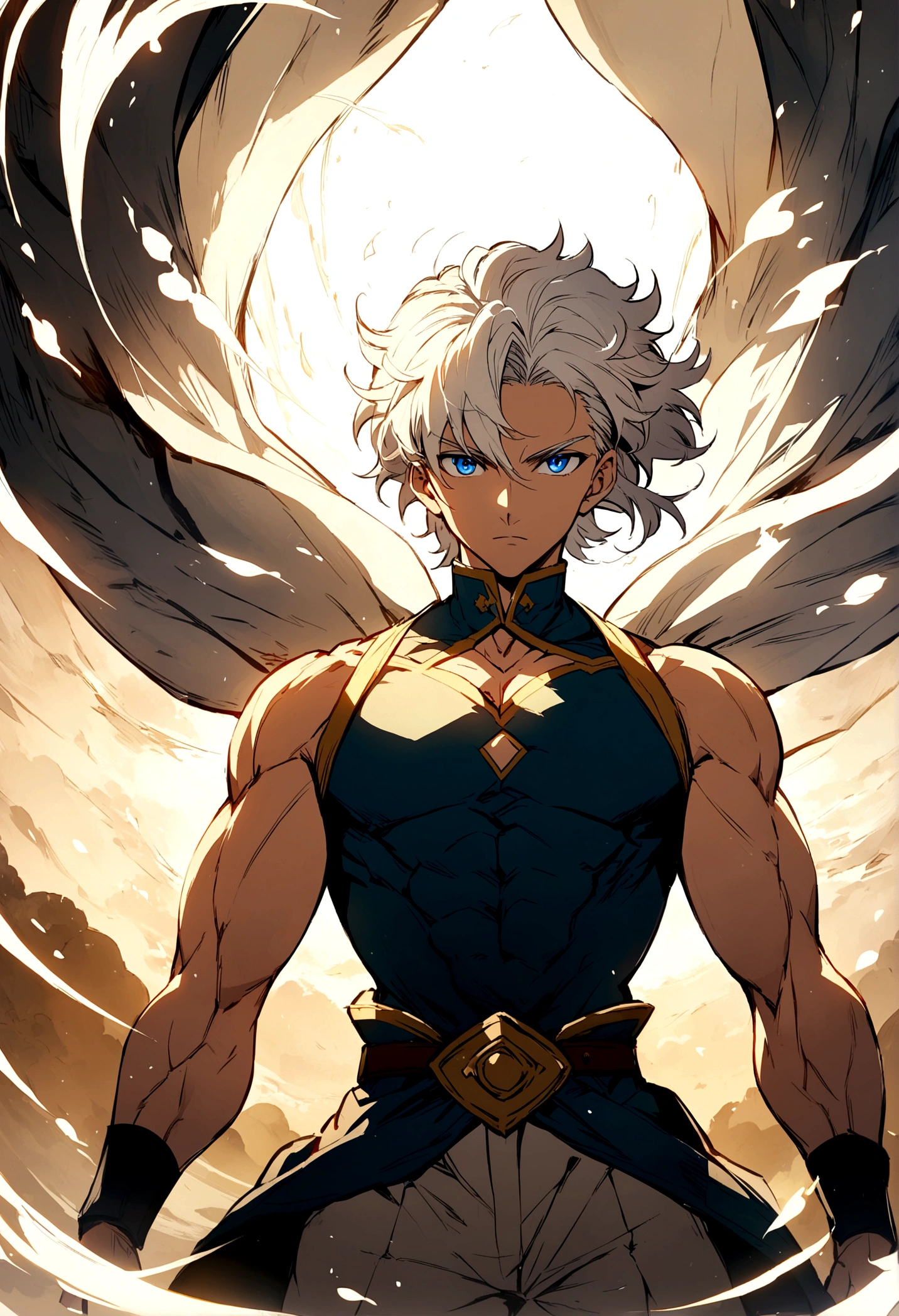 The handsome young man in anime style with long white hair, muscular , panoramic view , blue eyes