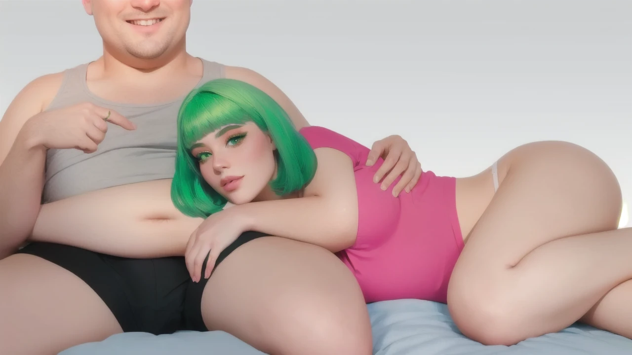 a girl with green hair lies on a man's stomach, Ultra-realistic, Alt subculture girl, Girl in white panties
