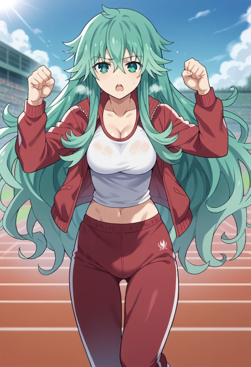 Score_9, Score_8_up, Score_7_up, source_anime BREAK photo of cowboy, looking at viewer, alone, 1girl,
natsumikyouno, natsumi kyouno, long hair, very long hair, green hair, aquamarine hair, green eyes,
sports suit, sports pants, sports jacket, red jacket, red pants,
medium breasts, skin teething, toned, open mouth, heavy breathing, running, hands up, sideways, cleavage, bouncing breasts, speed lines, dynamic pose,
Outdoor, running track, school yard, blue sky, sunlight,