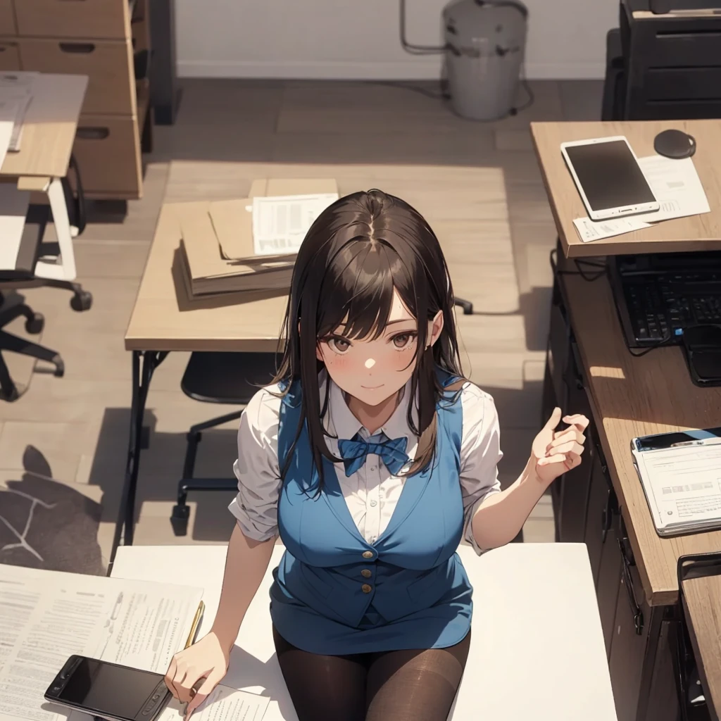 1lady solo, sitting, (from above), office worker, ((blue vest) over white dress shirt), mature female, /(dark brown hair/), kind smile, (masterpiece best quality:1.2) delicate illustration ultra-detailed, large breasts,  ((Brown pantyhose)),bowtie BREAK (modern office) indoors, (reception desk), entrance, detailed background