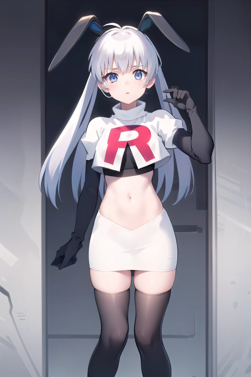 solo, Yashiro Kasumi, twintails, blue eyes, white hair, fake rabbit ears, team rocket,team rocket uniform,white skirt,red letter R,crop top,black thigh-highs,black elbow gloves