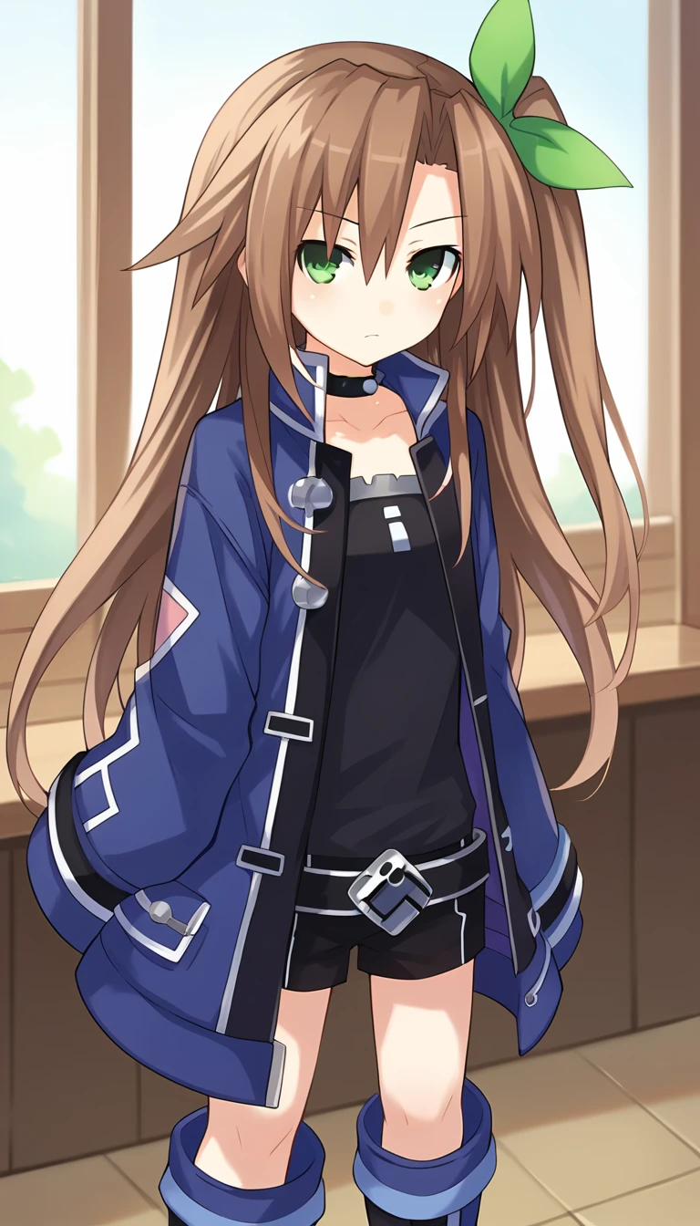 score_9, score_8_up, score_7_up, score_6_up, score_5_up,  source_anime, 1girl, solo, brown hair, long hair, green eyes, green bow, ribbon, one side up, choker, blue jacket, collar, boots, black shorts, black shirt, standing, looking at viewer, dutch angle, cowboy shot, indoors, IF \(neptunia)\