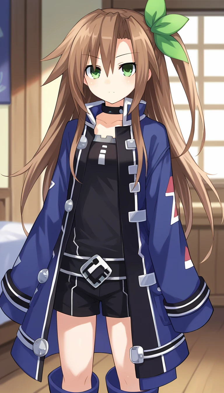 score_9, score_8_up, score_7_up, score_6_up, score_5_up,  source_anime, 1girl, solo, brown hair, long hair, green eyes, green bow, ribbon, one side up, choker, blue jacket, collar, boots, black shorts, black shirt, standing, looking at viewer, dutch angle, cowboy shot, indoors, IF \(neptunia)\