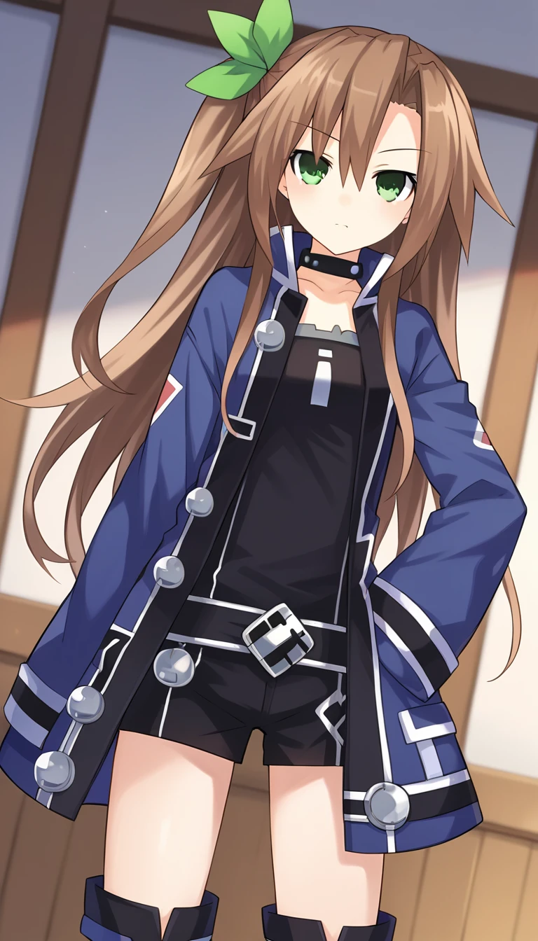 score_9, score_8_up, score_7_up, score_6_up, score_5_up,  source_anime, 1girl, solo, brown hair, long hair, green eyes, green bow, ribbon, one side up, choker, blue jacket, collar, boots, black shorts, black shirt, standing, looking at viewer, dutch angle, cowboy shot, indoors, IF \(neptunia)\