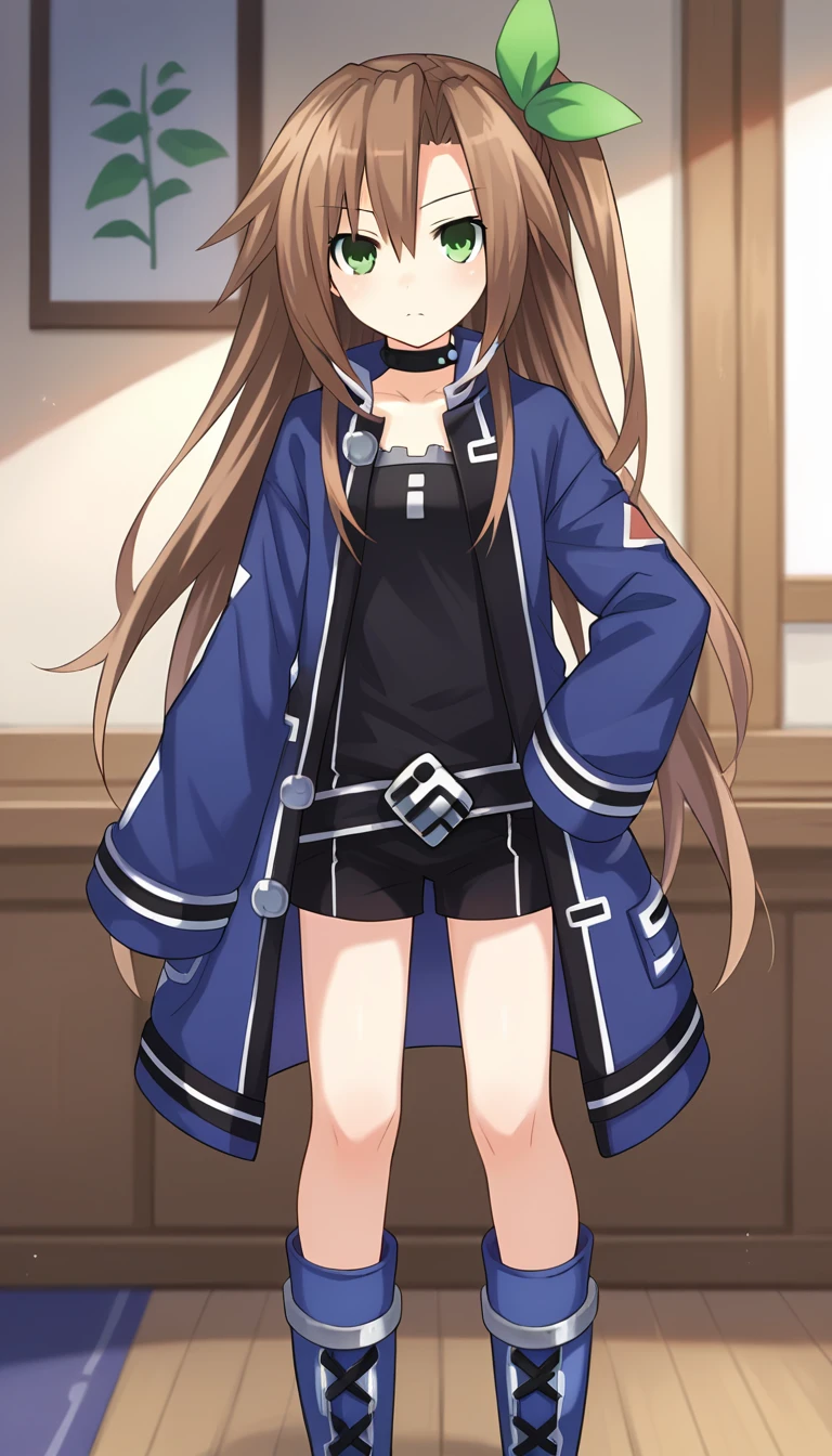 score_9, score_8_up, score_7_up, score_6_up, score_5_up,  source_anime, 1girl, solo, brown hair, long hair, green eyes, green bow, ribbon, one side up, choker, blue jacket, collar, boots, black shorts, black shirt, standing, looking at viewer, dutch angle, cowboy shot, indoors, IF \(neptunia)\