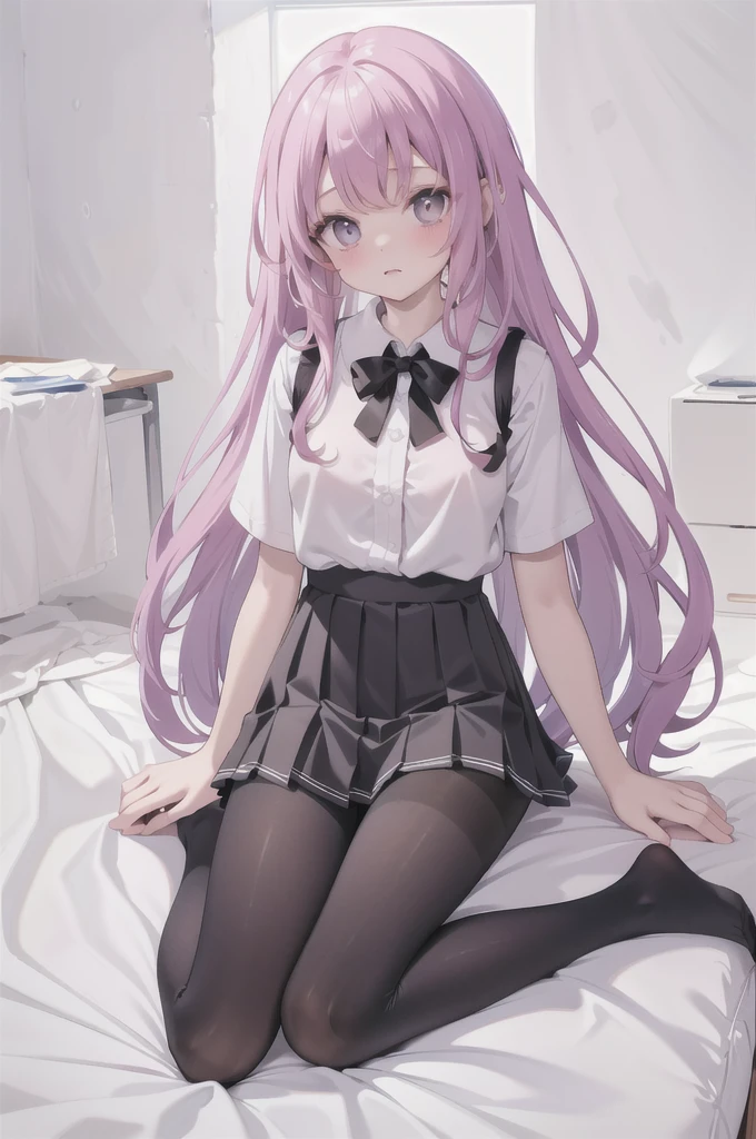 (8K、Best image quality、Highest quality、masterpiece)、One tall girl、((whole body))、Sit on the floor with your legs spread、White panties are visible、Long Hair、Wavy Hair、blush、Medium Bust、White collared shirt、Short sleeve、((Checkered pleated mini skirt))、Classroom Background、((black tights))、Black Pantyhose、((No shoes))