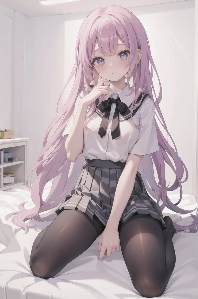 (8K、Best image quality、Highest quality、masterpiece)、One tall girl、((whole body))、Sit on the floor with your legs spread、White panties are visible、Long Hair、Wavy Hair、blush、Medium Bust、White collared shirt、Short sleeve、((Checkered pleated mini skirt))、Classroom Background、((black tights))、Black Pantyhose、((No shoes))