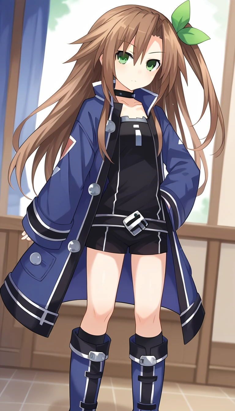 score_9, score_8_up, score_7_up, score_6_up, score_5_up, source_anime, 1girl, solo, brown hair, long hair, green eyes, green bow, ribbon, one side up, choker, blue jacket, collar, boots, black shorts, black shirt, standing, looking at viewer, dutch angle, cowboy shot, indoors, IF \(neptunia)\