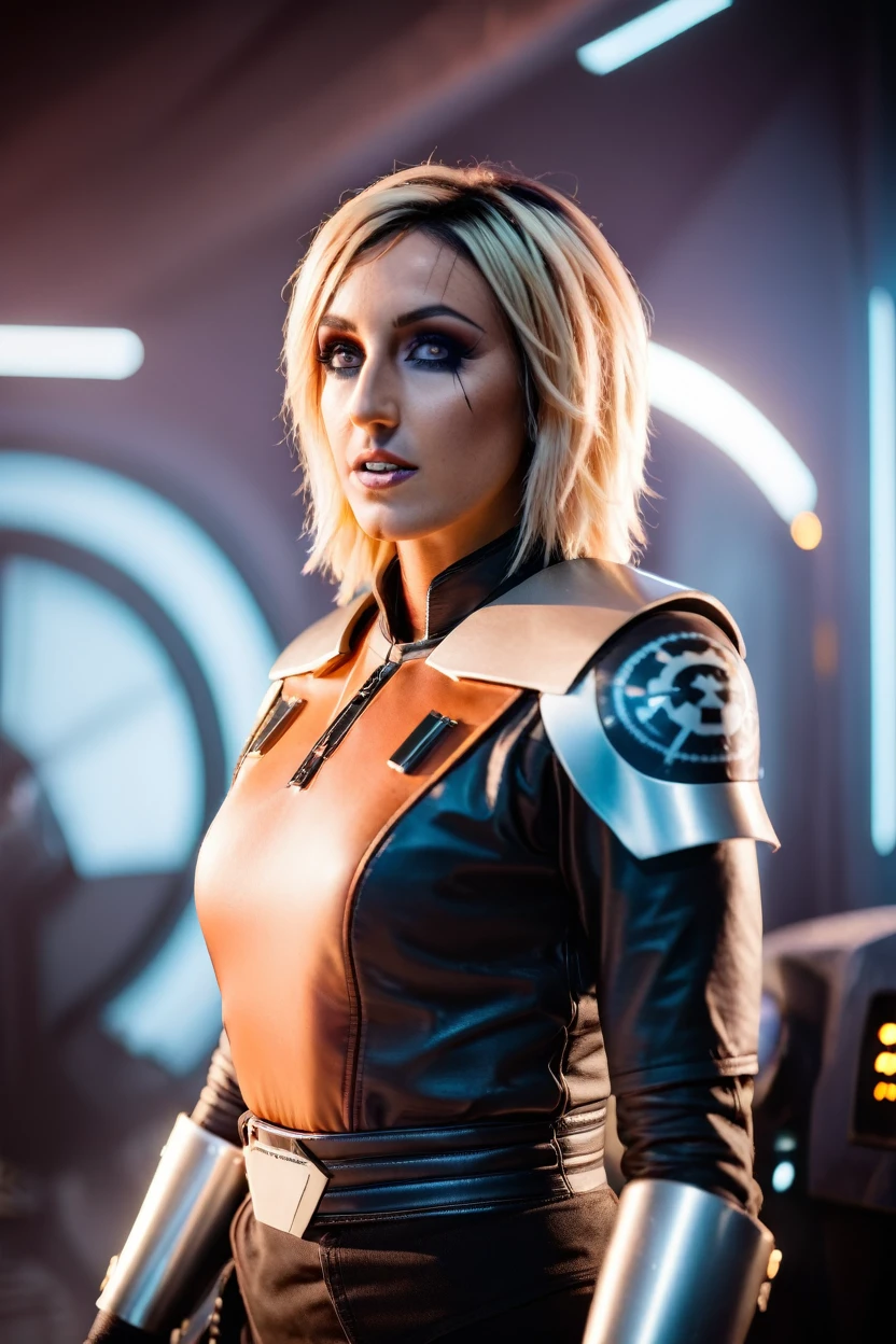 a photograph of a blonde Jessica Nigri cinematic photo sabine wren wearing armor at observatory. 35mm photograph, film, bokeh, professional, shot by david lachapelle, 4k, highly detailed