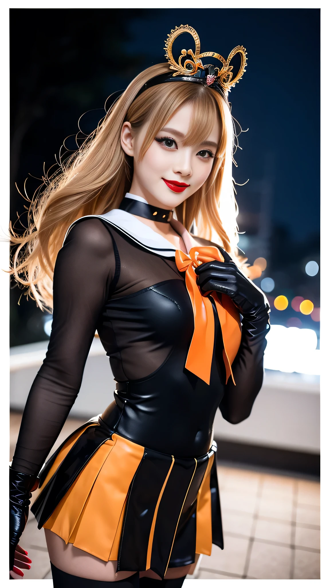 best quality、ultra-detailed、8K、Japanese、Japanese、Seductive beauty、seductive adult woman、Pretty Woman、cool girl、smirk、Wicked Smile、masterpiece、best quality、highres、1girl、solo、slender、looking at viewer、standing、sv1、 sailor senshi uniform, Orange skirt, pleated skirt, Miniskirt, orange sailor collar, elbow gloves, black gloves, tiara, hair bow, red bow, choker, orange choker, black leotard, blonde hair, very long hair, jewelry,  grin, blush, blonde hair,young, beautiful Japanese actress wearing villainous costume inspired by female demon. costume is glossy bodysuit with pink and black color scheme. Her headpiece and makeup are uniquely themed around lipstick and cosmetic bottles, with headpiece. Her makeup features villainous-style, with bold lipstick and dramatic eyeshadow. She is smiling enticingly, capturing essence of charismatic but dangerous character, action battle pose. at night, outdoor, town、Brown hair、wavy hair、swept bangs、piercing eyes、skin color pantyhose、night、inside darkroom、hand hold pantyhose、Are standing、shoot from below、Offer、shoot from below、Swear allegiance、I have pledged my allegiance、