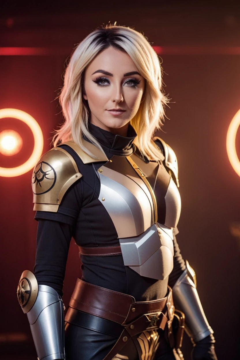 cinematic photo a photograph of a blonde Jessica Nigri wearing armor at observatory. 35mm photograph, film, bokeh, professional, shot by david lachapelle, 4k, highly detailed