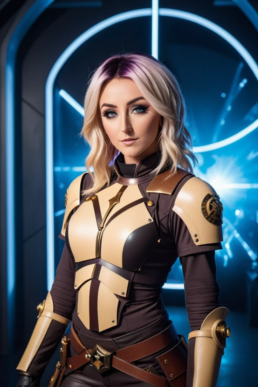 cinematic photo a photograph of a blonde Jessica Nigri wearing armor at observatory. 35mm photograph, film, bokeh, professional, shot by david lachapelle, 4k, highly detailed