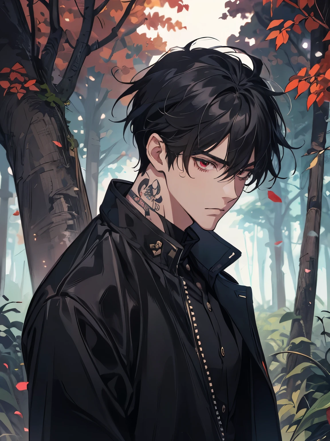 anime - style image of a man in a black jacket, white shirt,  handsome guy in demon slayer art, anime lush john 8k woods, male anime style, handsome japanese demon boy, beautiful androgynous prince, anime handsome man, anime portrait of a handsome man, male anime character, badass anime 8 k, artwork in the style of guweiz, red eyes, mad face, beautiful eye, black hair, tenn boy, one boy, rose tatto on neck, best eyes, qualit eyes