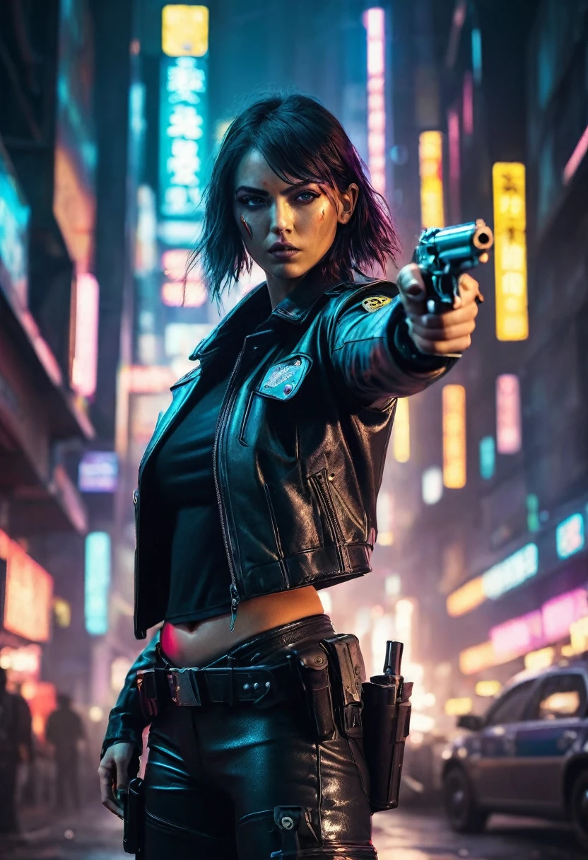 In a cyberpunk city, a police woman, point her revolver at a criminal, It’s night and the lights of the flashing lights illuminate her face, 