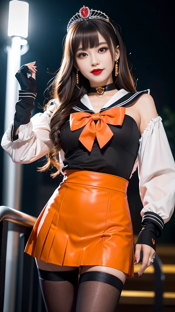 best quality、ultra-detailed、8K、Japanese、Japanese、Seductive beauty、seductive adult woman、Pretty Woman、cool girl、smirk、Wicked Smile、masterpiece、best quality、highres、1girl、独奏、slender、looking at viewer、standing、sv1、1, sailor senshi uniform, Orange skirt, pleated skirt, Miniskirt, orange sailor collar, elbow gloves, black gloves, tiara, hair bow, red bow, choker, orange choker, black leotard, blonde hair, very long hair, jewelry,  grin, blush, blonde hair,young, beautiful Japanese actress wearing villainous costume inspired by female demon. costume is glossy bodysuit with pink and black color scheme. Her headpiece and makeup are uniquely themed around lipstick and cosmetic bottles, with headpiece. Her makeup features villainous-style, with bold lipstick and dramatic eyeshadow. She is smiling enticingly, capturing essence of charismatic but dangerous character, action battle pose. at night, outdoor, town、Brown hair、wavy hair、swept bangs、piercing eyes、skin color pantyhose、night、inside darkroom、hand hold pantyhose、Are standing、shoot from below、Offer、shoot from below、Swear allegiance、I have pledged my allegiance、