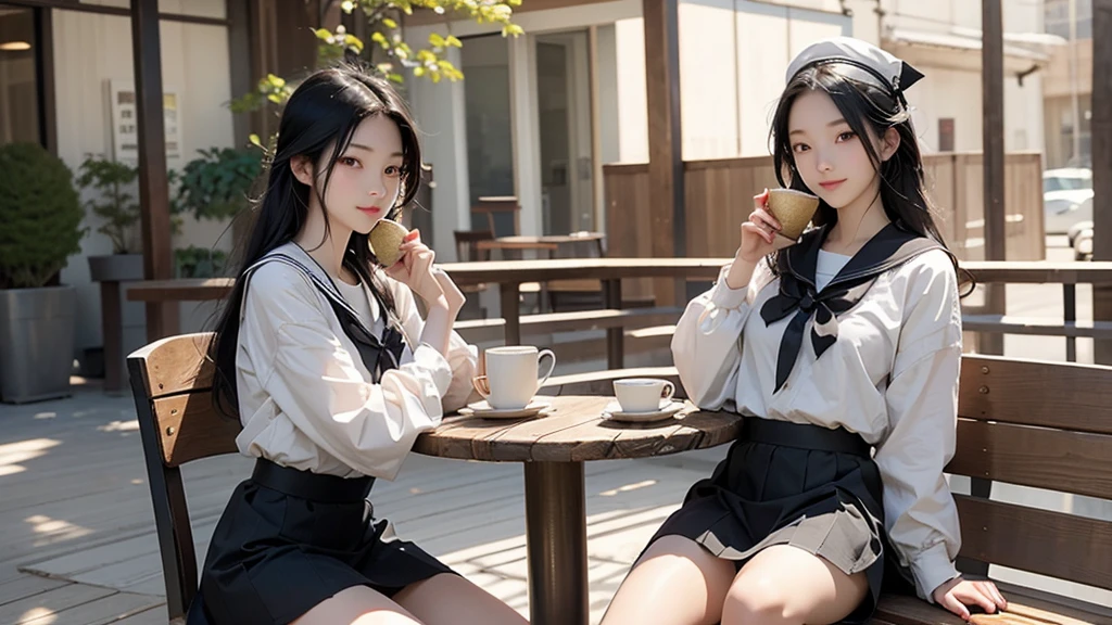 Highest quality, Super detailed, figure,
Nakaniwa, Multiple Girls, , wood, Black Hair, Seraphim, Outdoor, skirt, table, Sitting, Sailor collar, eat, food, Day, building, cup