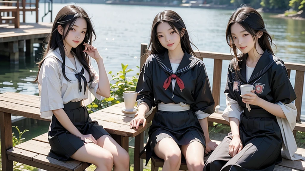 Highest quality, Super detailed, figure,
Nakaniwa, Multiple Girls, , wood, Black Hair, Seraphim, Outdoor, skirt, table, Sitting, Sailor collar, eat, food, Day, building, cup