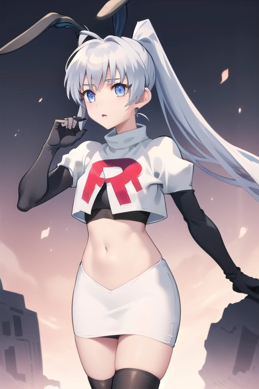 solo, Yashiro Kasumi, twintails, blue eyes, white hair, fake rabbit ears, team rocket,team rocket uniform,white skirt,red letter R,crop top,black thigh-highs,black elbow gloves