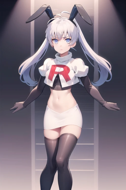 solo, Yashiro Kasumi, twintails, blue eyes, white hair, fake rabbit ears, team rocket,team rocket uniform,white skirt,red letter R,crop top,black thigh-highs,black elbow gloves