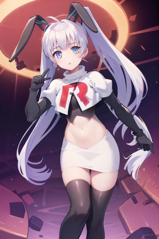 solo, Yashiro Kasumi, twintails, blue eyes, white hair, fake rabbit ears, team rocket,team rocket uniform,white skirt,red letter R,crop top,black thigh-highs,black elbow gloves