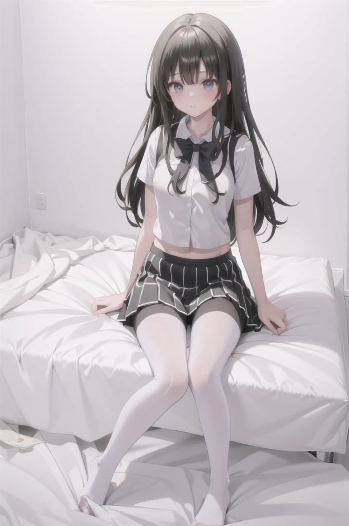 (8K、Best image quality、Highest quality、masterpiece)、One tall girl、((whole body))、Sit on the floor with your legs spread、White panties are visible、Long Hair、Wavy Hair、blush、Medium Bust、White collared shirt、Short sleeve、((Checkered pleated mini skirt))、Classroom Background、((black tights))、Black Pantyhose、((No shoes))