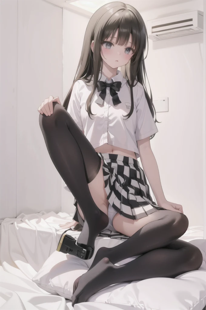 (8K、Best image quality、Highest quality、masterpiece)、One tall girl、((whole body))、Sit on the floor with your legs spread、White panties are visible、Long Hair、Wavy Hair、blush、Medium Bust、White collared shirt、Short sleeve、((Checkered pleated mini skirt))、Classroom Background、((black tights))、Black Pantyhose、((No shoes))