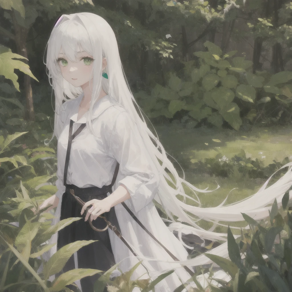 1girl, white long hair, green eyes,