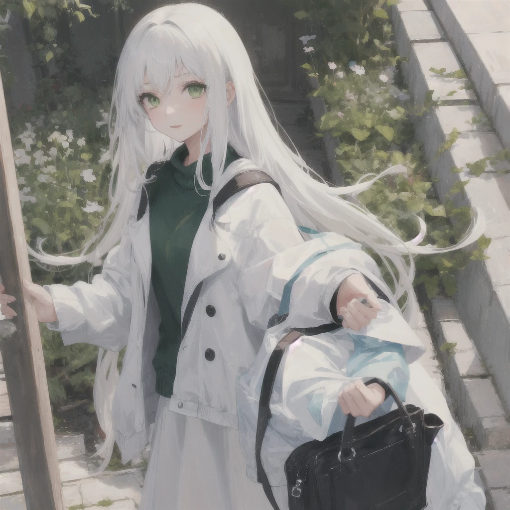 1girl, white long hair, green eyes,