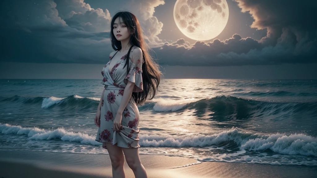 Tomie in the Edge of times. Galaxies around. Complex skies. Create an elegant picture with a floral pattern and soft pastel colors. Dynamic, Fierce, Dominant. standing in the beach, long black hair, city lights buidings backgroud, harmony of swirly clouds, night, moon, big glutes, big chest, full body, high heels, red dress, waves, under clouds, finely illustrated face, painting of beautiful, wind swept, Black and white painting, bursh stroke, exquisite, multiple layers, an ultra fine detailed, trending on cg society, poetic detailed, uzumaki style, junji ito style
