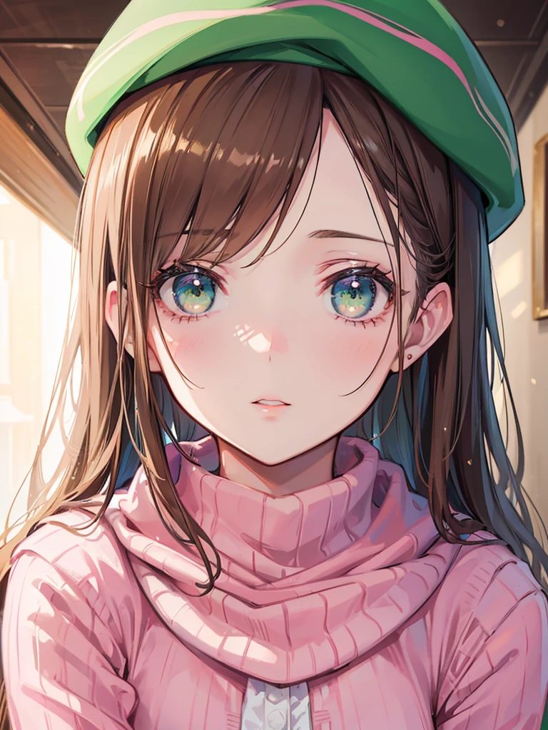 A beautiful girl with brown hair and green eyes, wearing a light pink beret and mature pink clothes, photorealistic, highly detailed, 8k, hyperrealistic, cinematic lighting, warm color tones, beautiful detailed eyes, beautiful detailed lips, extremely detailed face, long eyelashes, serene expression, natural setting, elegant, feminine, girl, portrait, warm, vibrant, dynamic, oil painting style, studio lighting, photographic, HDR