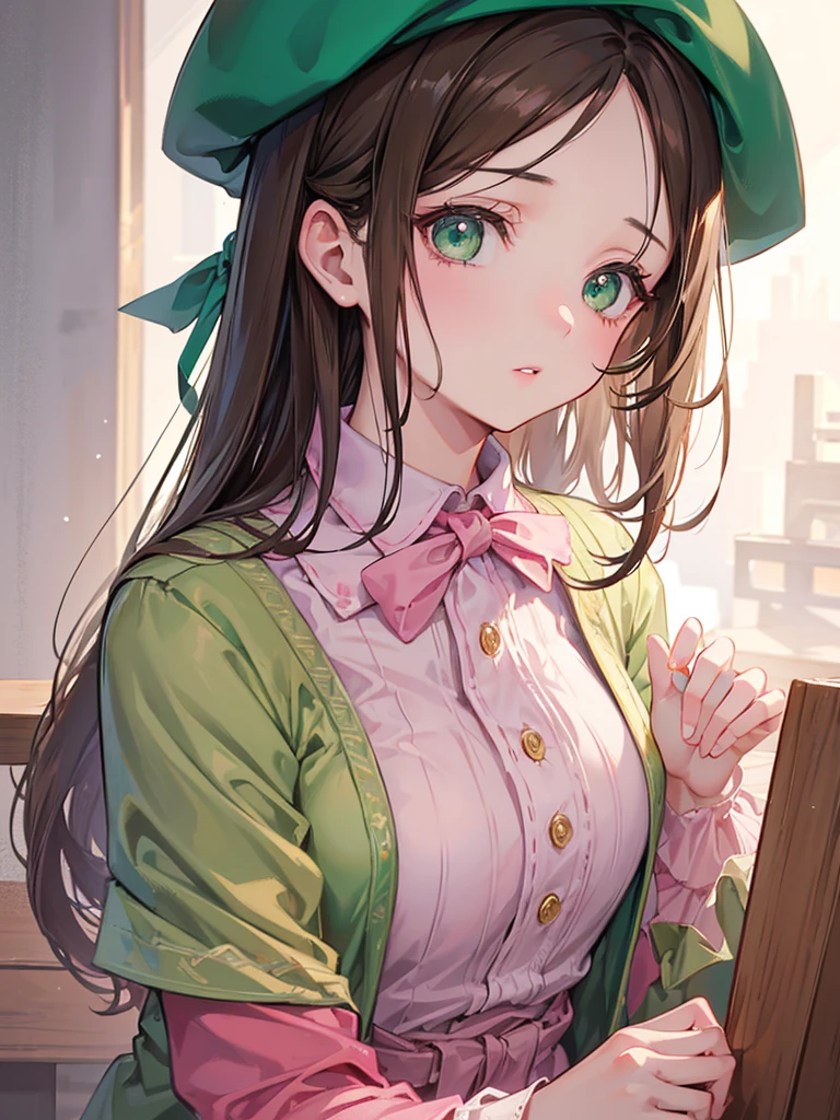 Cute girl with brown hair and green eyes, with big lips, small breasts and a big butt, wearing a frilly green baby bonnet and frilly green onesie, wearing a frilly white diaper and stockings, in a crib, looking seductive