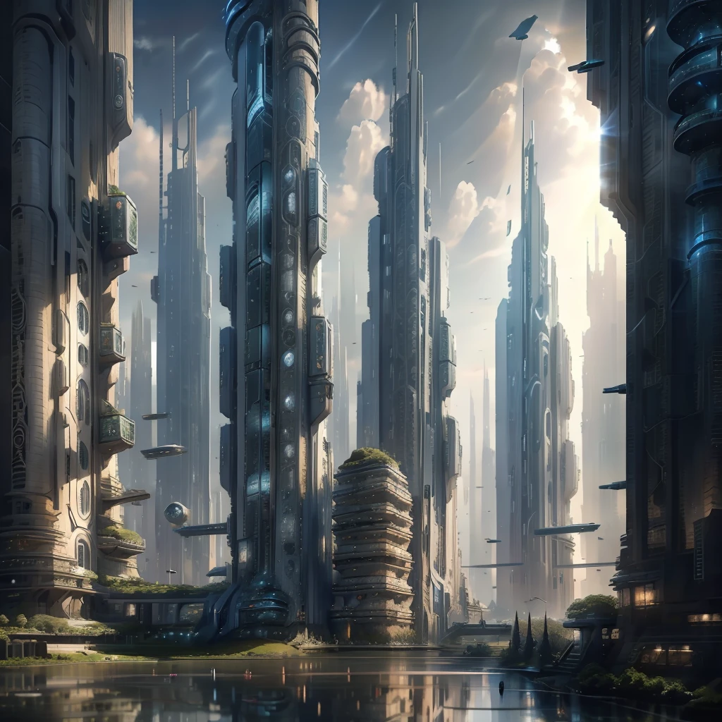 Highest quality,masterpiece,Near future city,spiral structure,mirror,technology,Mysterious Buildings
