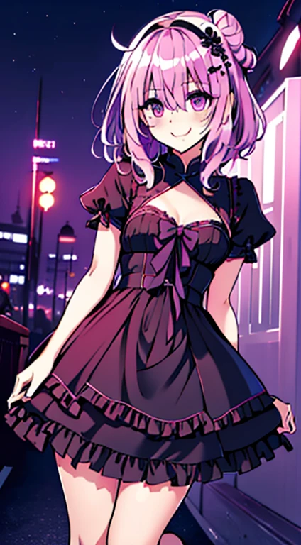 Best image quality、(((Full Body Lesbian))),Character portrait、Excellent style、Beautiful feet、Leather shoes、Dynamic Pose、, young、Gothic ****ta, (((Light purple hair))), Purple eyes, (mascara), Blunt bangs, ((Hair above the eyes)), Long Hair, Pink mixed hair、Mesh color pink、Medium chest, Frills, good、Black clothes、white bread cover、(((white bun hair accessory cover))),白いFrills, Black Theme, ((Black Chinese Dress)), Faithfully, (((Eye focus))), (((Laughter))), The background is blurred, Hollow Eyes, Black Theme、Displaying the viewer, (((night))), (((hair ornaments))), Neatly cut bangs