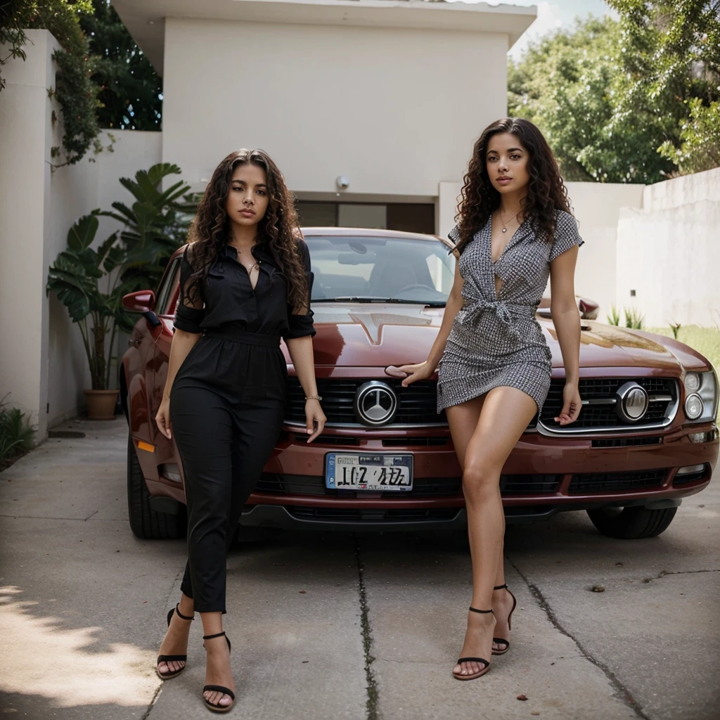 lone woman, latina, curly hair, perfect body, photo, dressy outfit, car