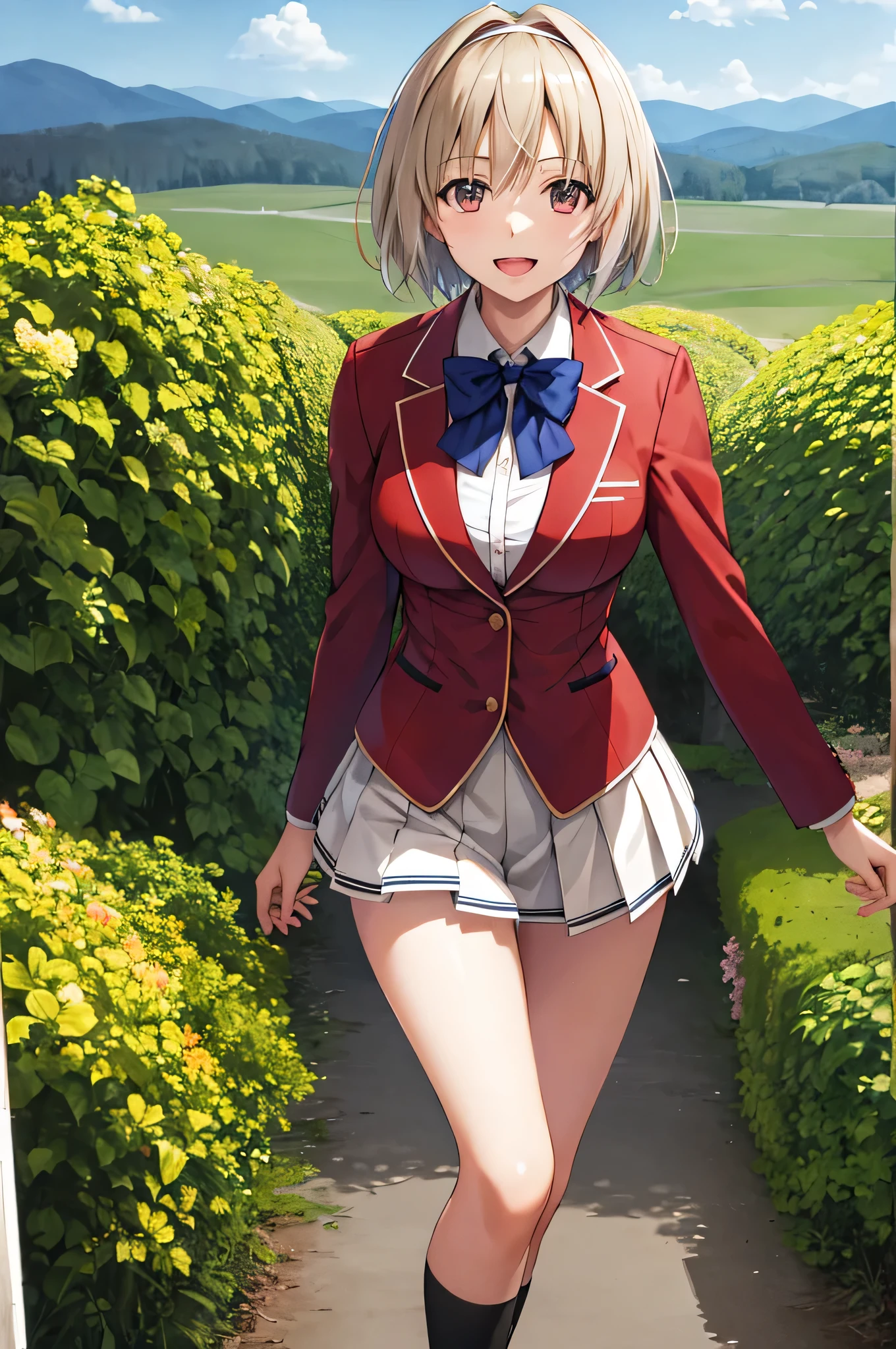 masterpiece, Highest quality, High resolution, Akiyo, short hair, Hair Intake, White hair band, Blue bow tie, Collared shirt, blazer, Red jacket, Long sleeve, White Skirt, Pleated skirt, Black socks, Cowboy Shot, Are standing, Outdoor, Straight, Arms at your sides, smile, Open your mouth,