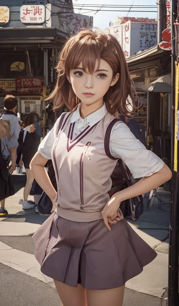 anime girl in  standing on a city street, full body shot,真っ直ぐカメラを見る,kantai collection style, anime visual of a cute girl, railgun, makoto shinka, beautiful anime high school girl, makoto shinkai. digital render, seifuku, anime moe artstyle, anime visual of a young woman, sayori, a hyperrealistic , makoto，Misaka Mikoto，with short golden hair，Short hair，JK 