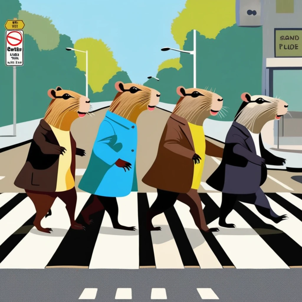 Four cute capybara, Beatles impersonation, same hairstyles and outfits, walking right on Abbey Road zebra crossing, Abbey Road is the 11th album of the British rock band The Beatles.