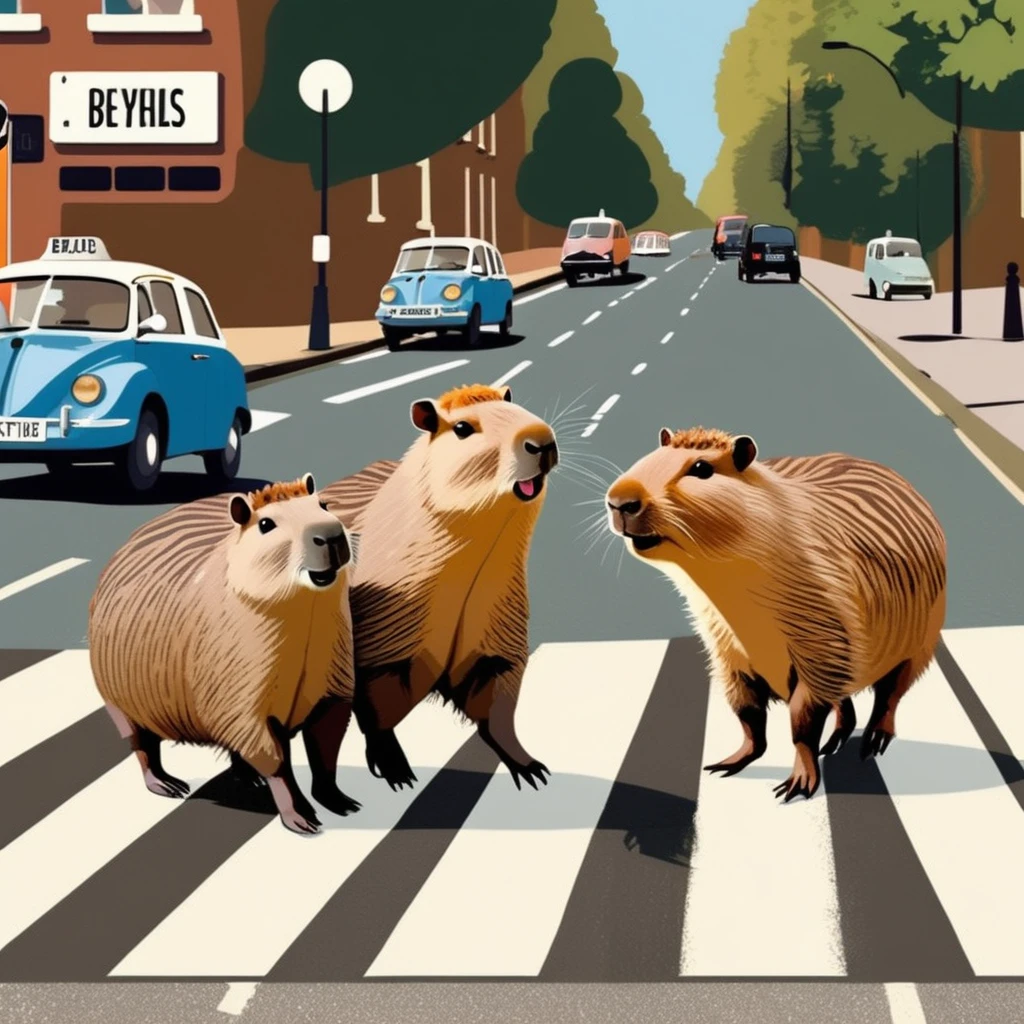 Four cute capybara, Beatles impersonation, same hairstyles and outfits, walking right on Abbey Road zebra crossing, Abbey Road is the 11th album of the British rock band The Beatles.