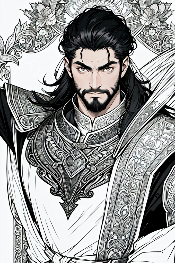 (masterpiece),(Very detailed),(Very detailed),(best quality), lineart, one asian man, ((portrait)) tall, armor, ((black hair)) attachés, visage marqué par l'expérience. black eyes, barbe très courte soigneusement taillée. warrior fantasy, beautiful face, animated style, perfect face, highest detail, stubble, detailed face, clothes, intricate details, fantasy background, expressionless, solo,