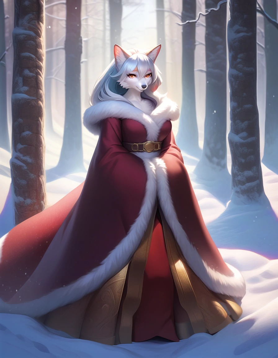 (Masterpiece: 1.2), exquisite and detailed, 4k: 1.2, 8k: 1.2, high resolution: 1.2, furry kemono commission style, In the realm of anime art style, there exists a masterpiece of top-quality, showcasing an ultra-realistic 8K CG image of a fascinating character. This enchanting figure is that of a woman, with the appearance of a wolf, boasting long, silvery hair cascading down her back. Dressed in a deep red hooded coat, fastened at the waist with a contrasting white belt, she exudes an aura of mystery and allure. Enveloped by the soothing, snow-dusted backdrop, she stands with dramatic shadows cast upon the ground, with the soft light delicately illuminating her perfect features. The anime artistry of this exquis