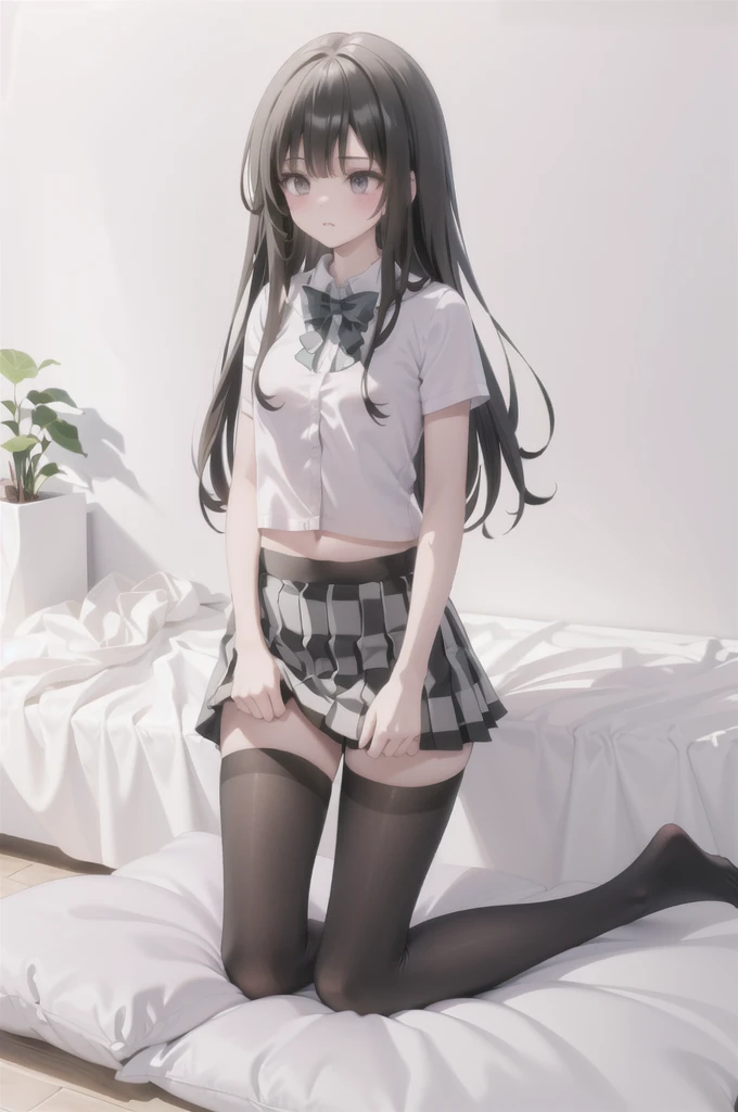 (8K、Best image quality、Highest quality、masterpiece)、One tall girl、((whole body))、Sit on the floor with your legs spread、White panties are visible、Long Hair、Wavy Hair、blush、Medium Bust、White collared shirt、Short sleeve、((Checkered pleated mini skirt))、Classroom Background、((black tights))、Black Pantyhose、((No shoes))