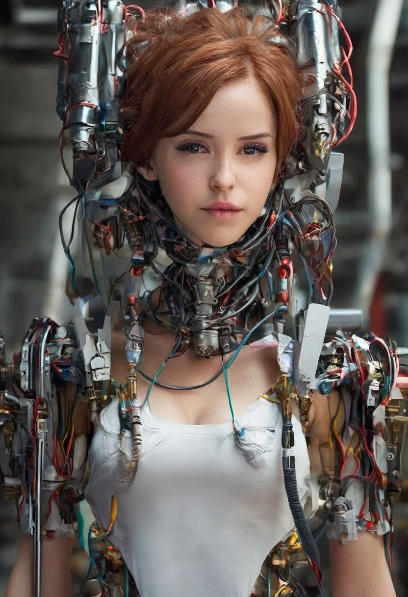 (((masterpiece))), ((best quality)), ((ultra-detailed)), (CG illustration), (an extremely devious and beautiful)), (cute desktop face), cinematic light, ((1 mechanical girl)), single, full, (machine-made joints). : 1.4), ((mechanical limb)), (blood vessel attached to tube), ((mechanical spine attached to back)), ((mechanical cervical vertebrae attached to neck), ((war machine)), expressionless, (wires and cables attached to head and body: 1.5), (character focus), science fiction
